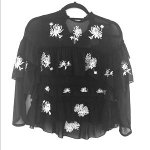 ZARA Embroidered Black and White Blouse